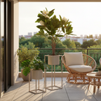 Set of two beige grey steel Marla plant stands on a sheltered balcony with warm afternoon light
