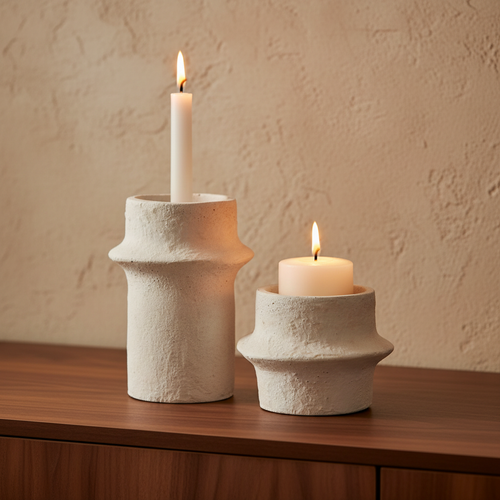 Cemina cement candle holders close-up on walnut sideboard, lit candles