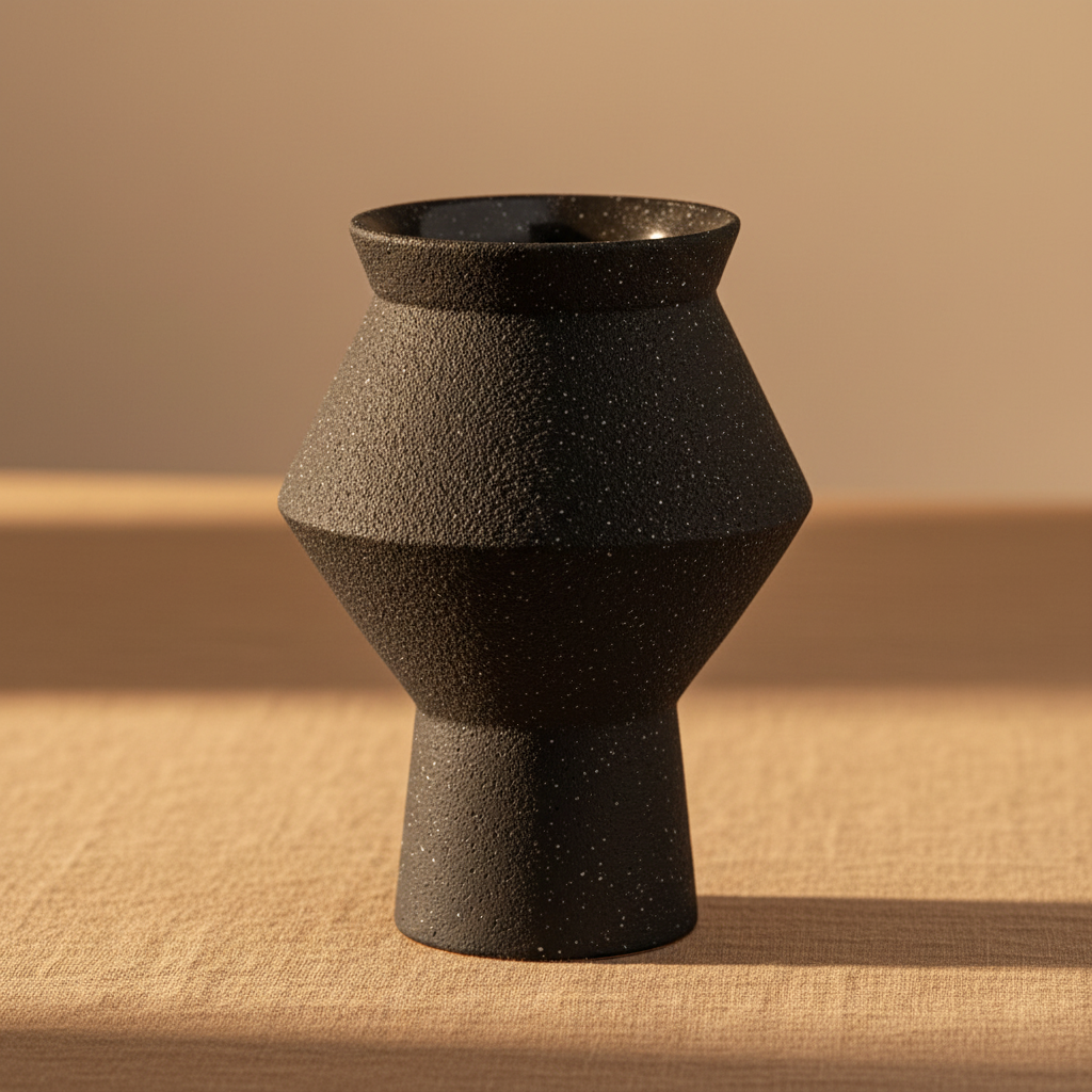 Close-up of the raw black speckled exterior and glossy interior of the Cuzco ceramic vase
