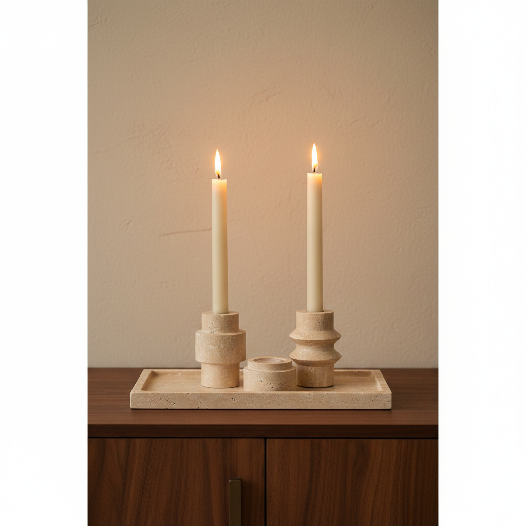 Luma travertine tealight holder set close-up on walnut sideboard, warm candlelight