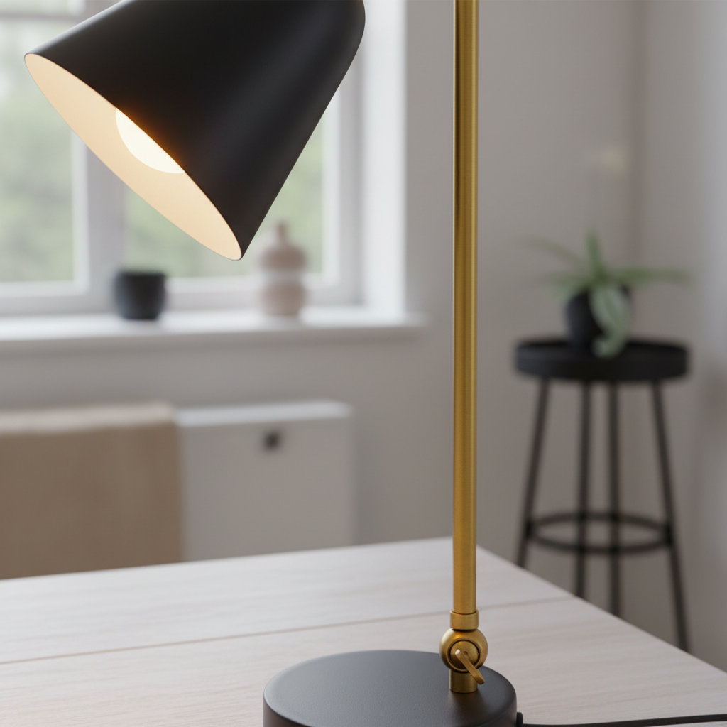Triton lamp close-up detail of brass arm joint and black conical shade