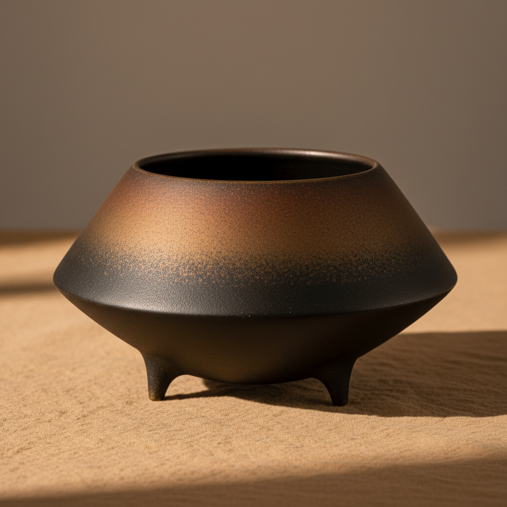 Close-up of the bronze-to-black mineral glaze surface of the Otaru S ceramic bowl