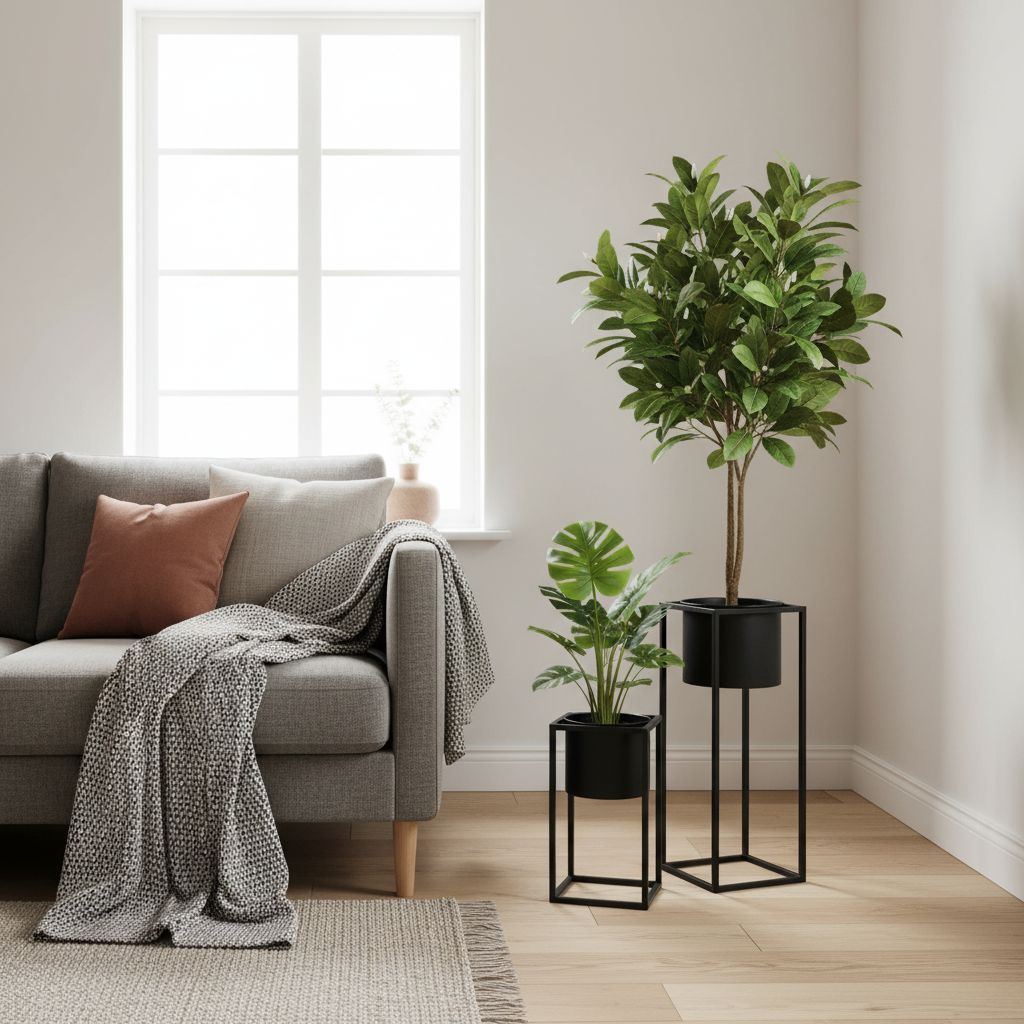 Set of two black steel Marla plant stands with lush green plants in a warm Nordic living room corner