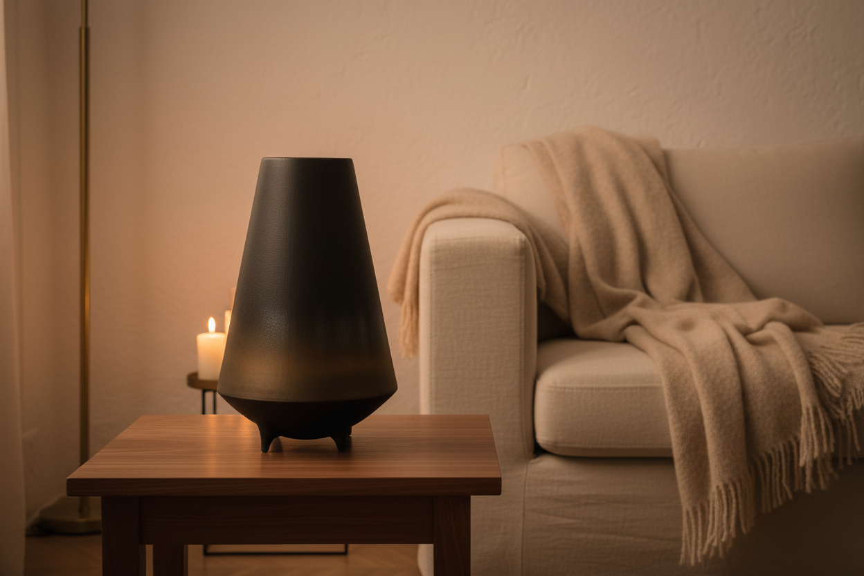 Tall bronze-to-black ceramic vase on a walnut side table in a warm minimal living room