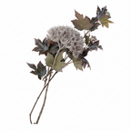 Faux natural bouquet with dusty mauve chrysanthemum heads, dark burgundy-green maple leaves and brown stems on white background