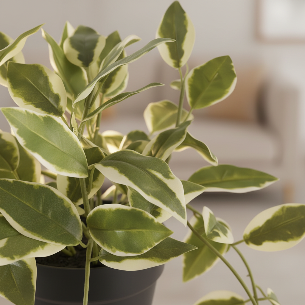 Close-up of artificial Hoya Carnosa waxy green and white variegated leaves with soft warm backlight