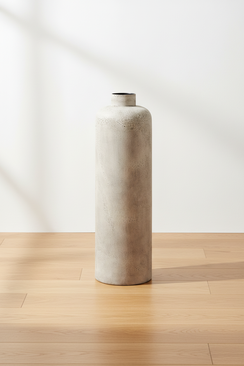 Tall antique beige metal Hou floor vase on oak floor with soft daylight and clean off-white background