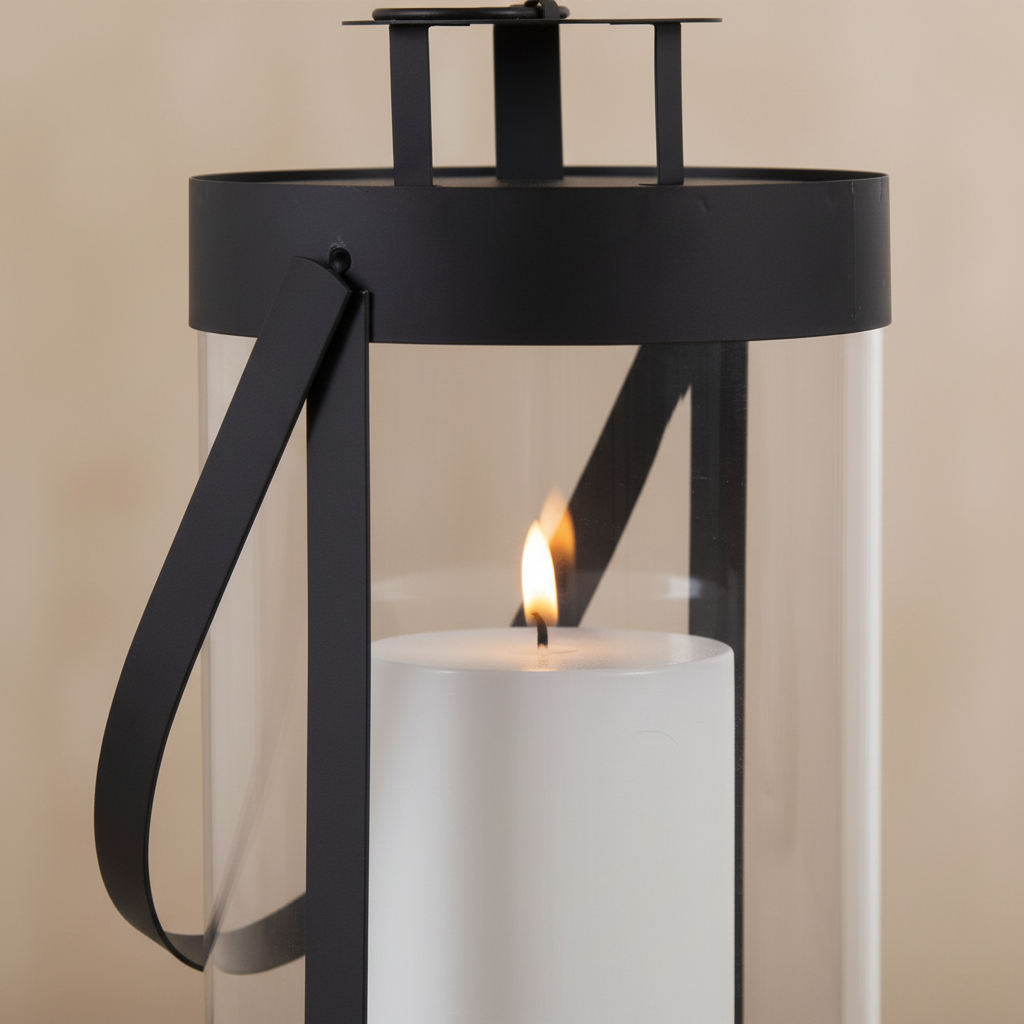 Close-up of Bondi black steel frame and clear glass with warm candlelight glowing inside