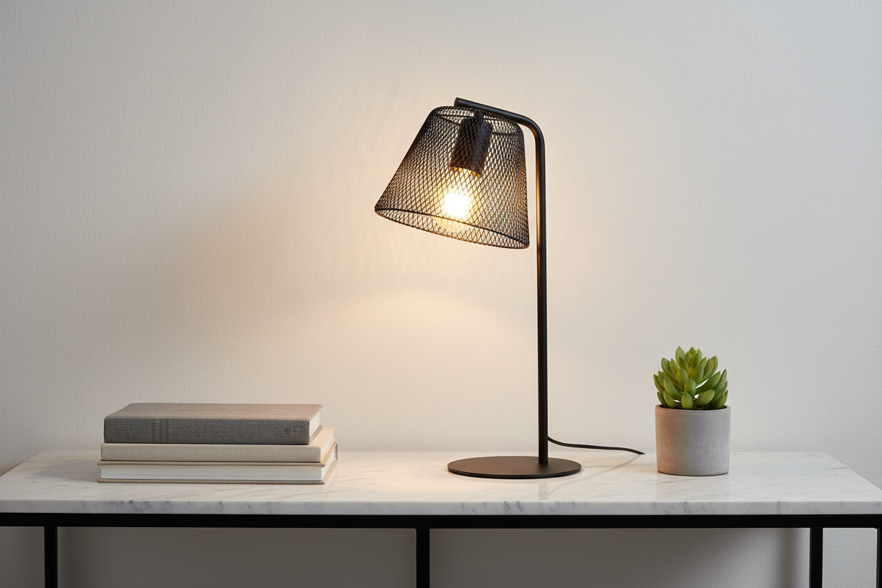 Korie black wire mesh lamp on marble console with books and small plant