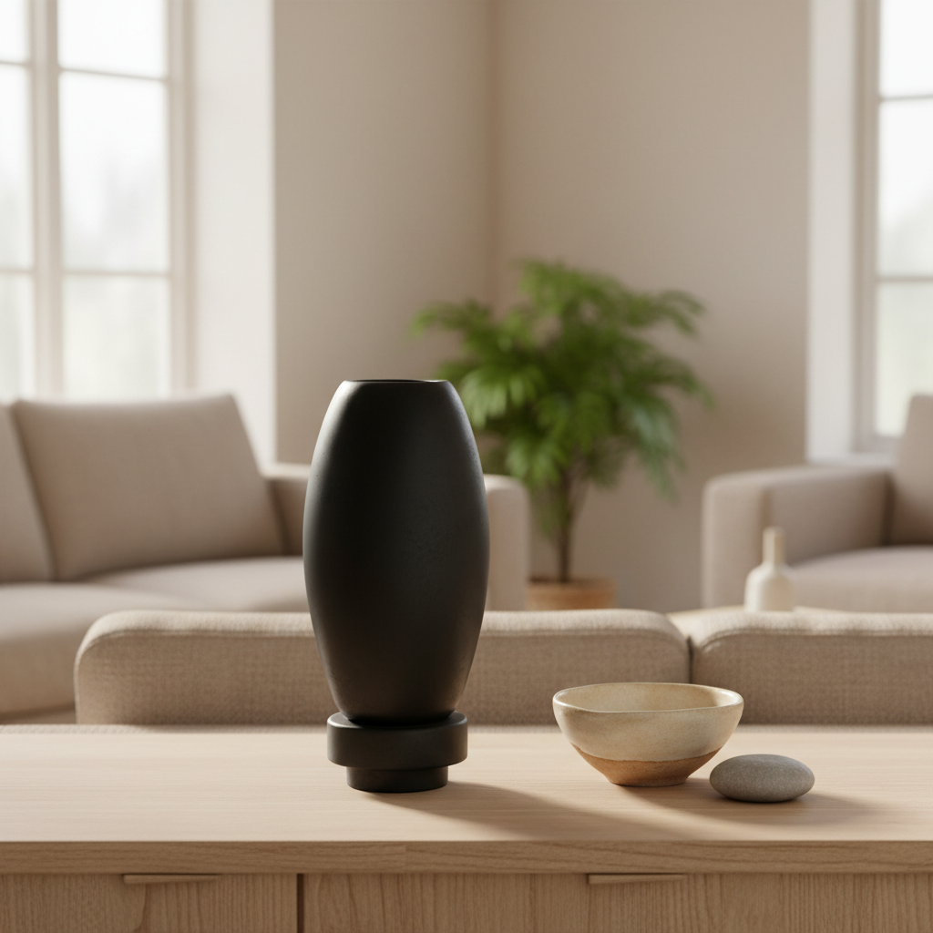 Matte black RUDAL microcement vase grouped with ceramic bowl and pebble on a Nordic sideboard