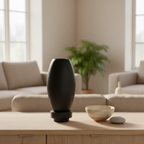 Matte black RUDAL microcement vase grouped with ceramic bowl and pebble on a Nordic sideboard