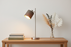 Maron taupe nickel table lamp on oak console with books and dried botanicals