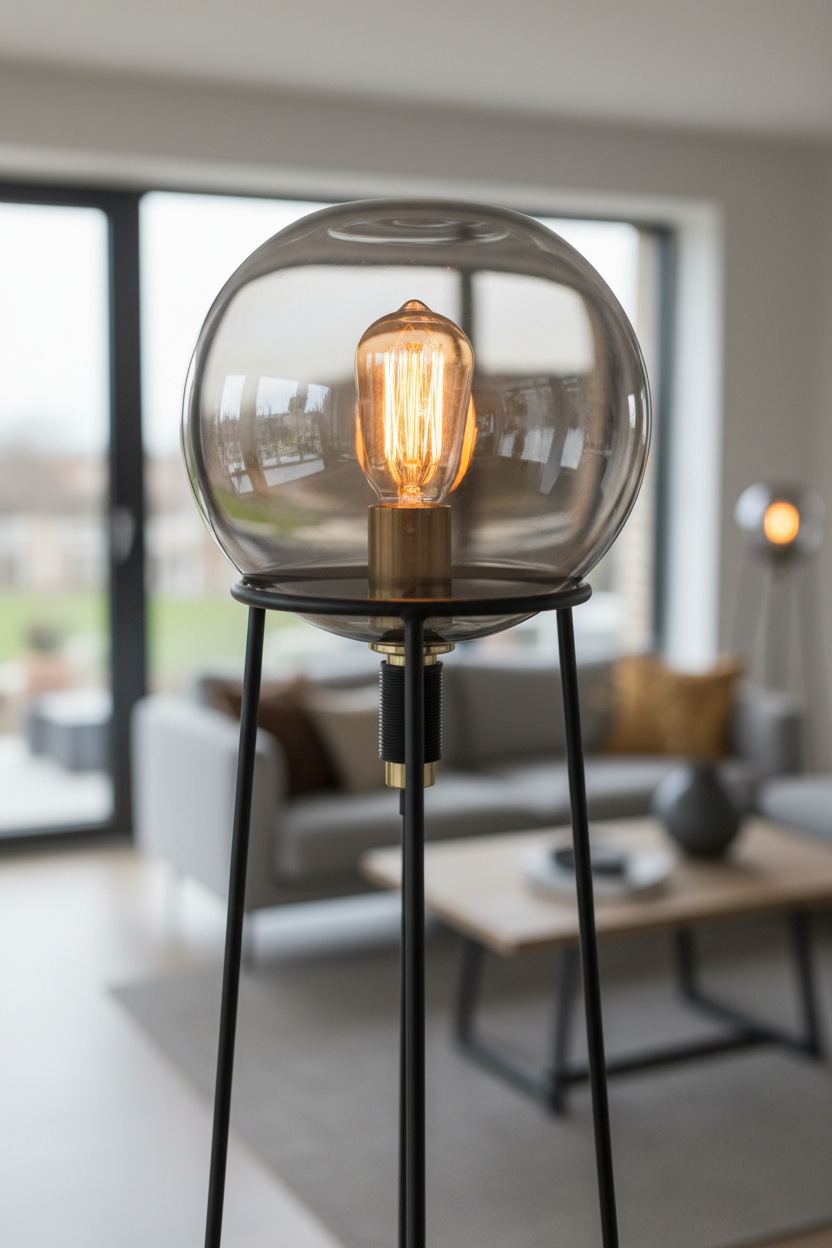Close-up of Stelo smoked glass globe with warm Edison filament and brass socket