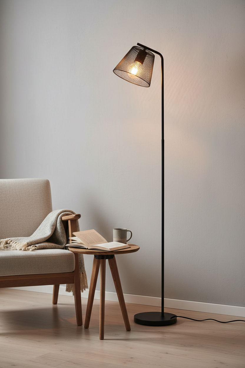 Korie black wire mesh floor lamp in living room corner beside wooden armchair