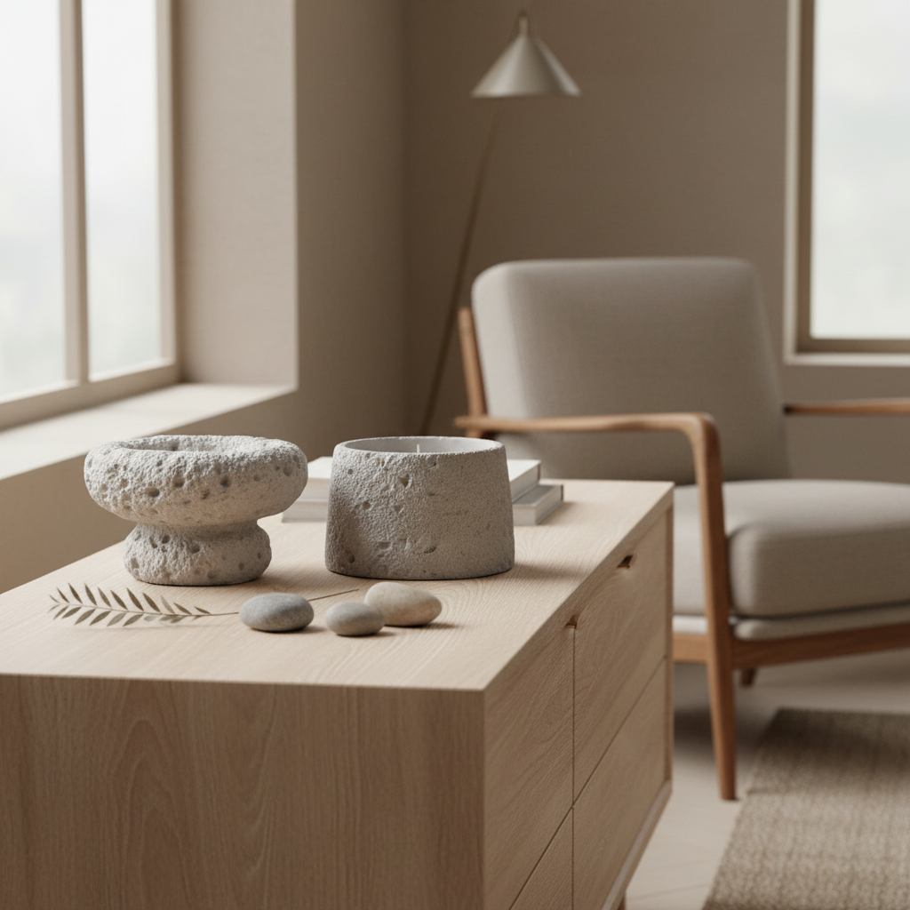 Set of two grey cement candle holders on a sideboard in a Nordic interior with pebbles and dried botanicals