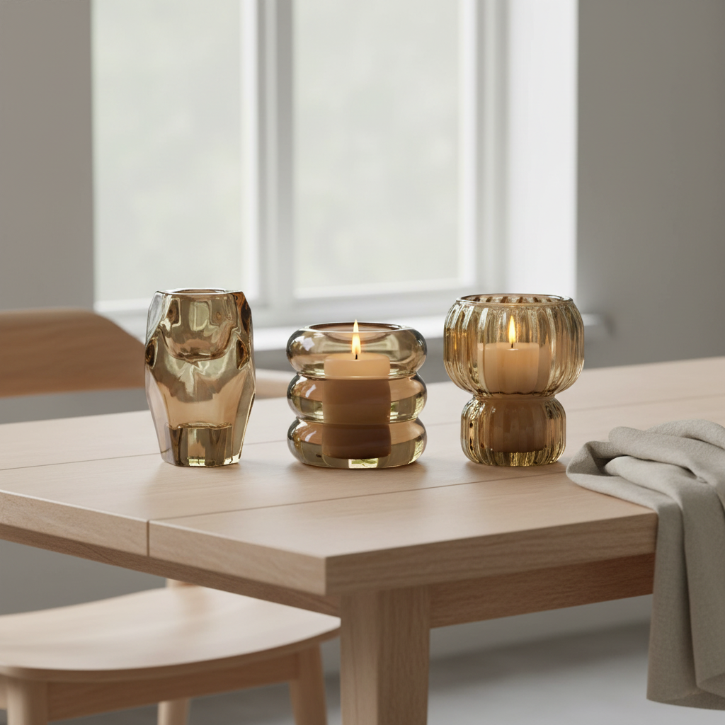 Set of three smoked brown glass candle holders styled on a Scandinavian dining table with warm candlelight
