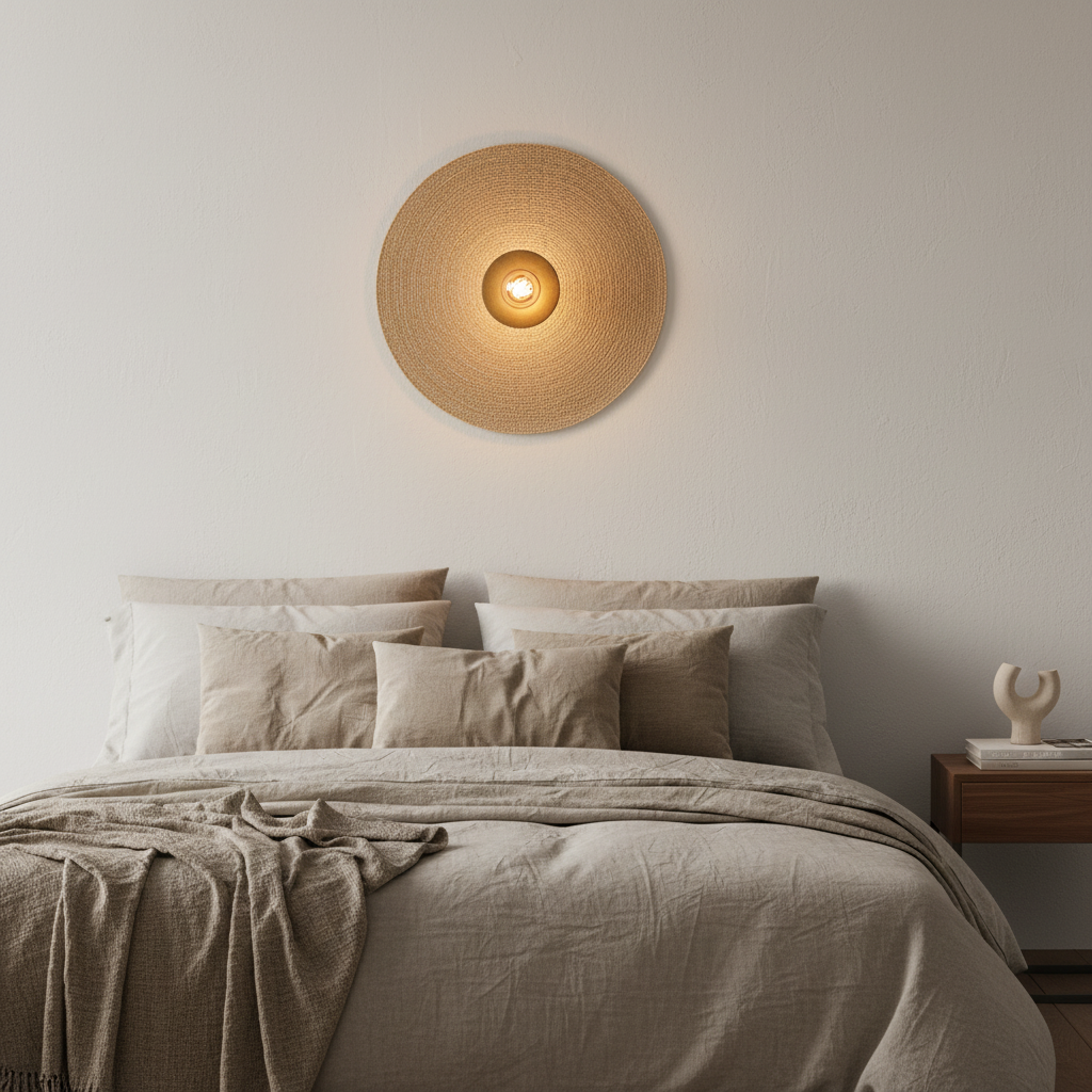 Let's Groove Woven Grass Wall Lamp in slaapkamer boven linnen bed
