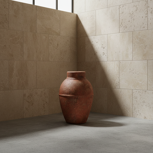 Amphora Rustica Terracotta Vase L op betonvloer tegen travertijn muur