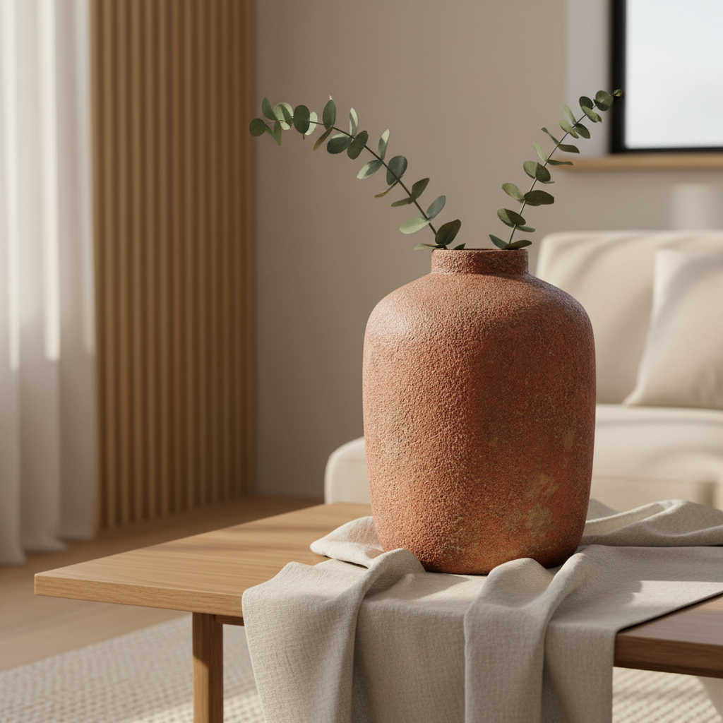 Clay Echo Terracotta Vase L op salontafel met eucalyptus