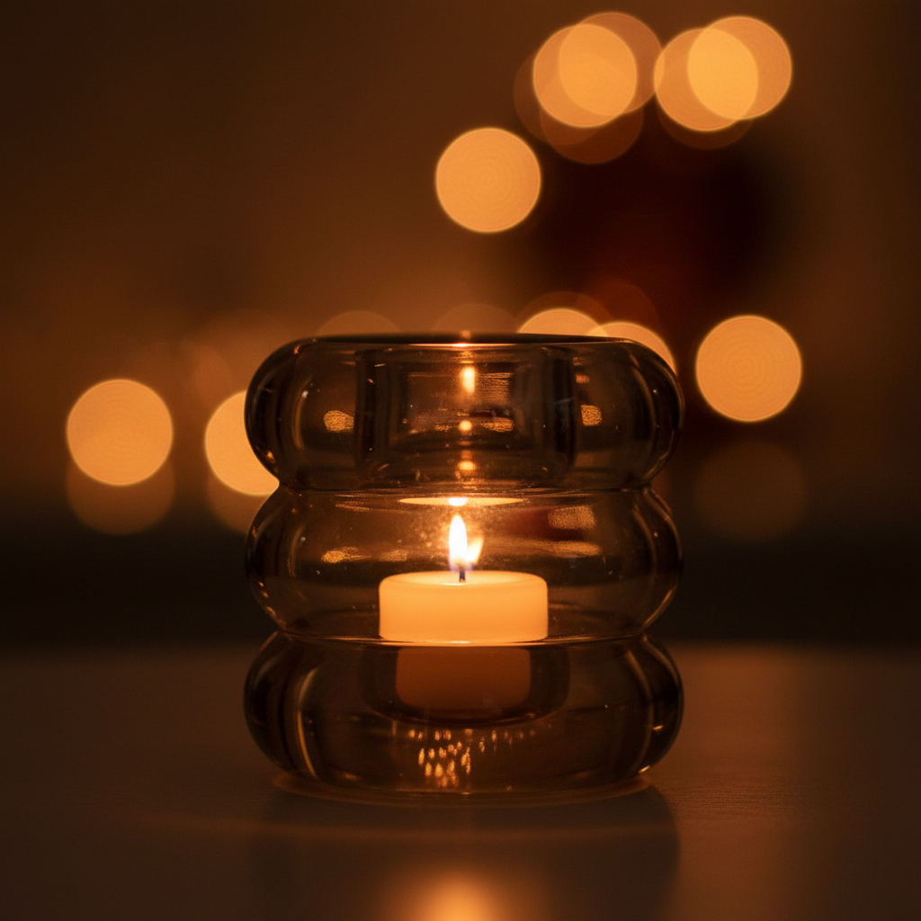 Close-up of smoked brown glass candle holder with warm candlelight glowing through translucent glass