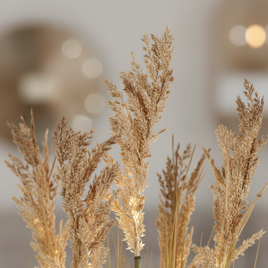 Close-up of artificial sorghum grass feathery plumes in natural straw colour with warm backlight