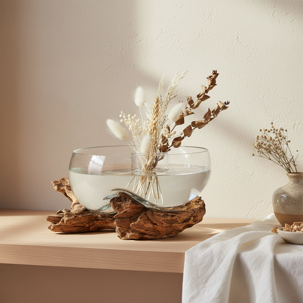 San Marino Waterdrop teak glass vase styled on a minimalist Scandinavian shelf with warm light and dried botanicals
