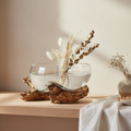 San Marino Waterdrop teak glass vase styled on a minimalist Scandinavian shelf with warm light and dried botanicals