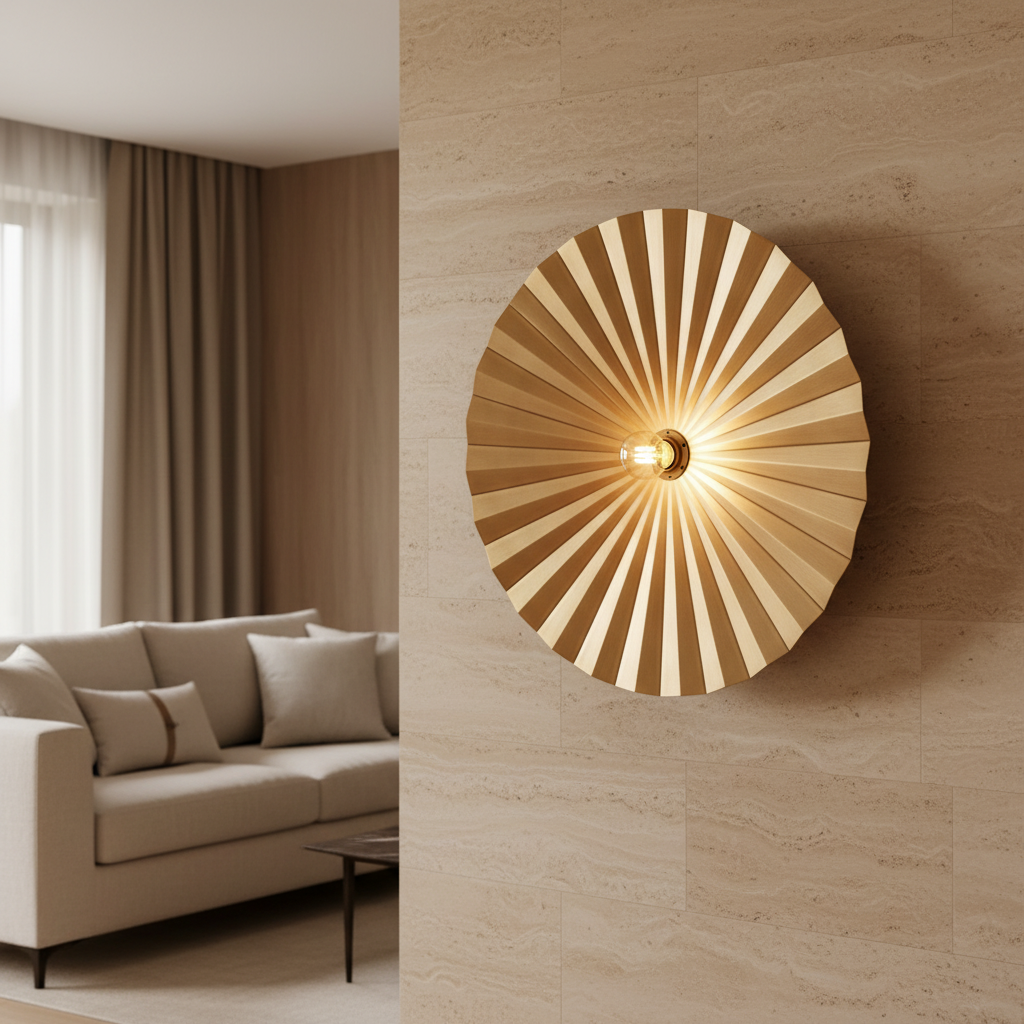 Tsijn Brass Wall Lamp in woonkamer naast linnen bank