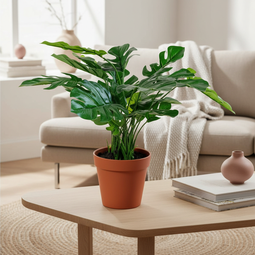 Compact realistic artificial Monstera plant on a coffee table in a warm Nordic living room