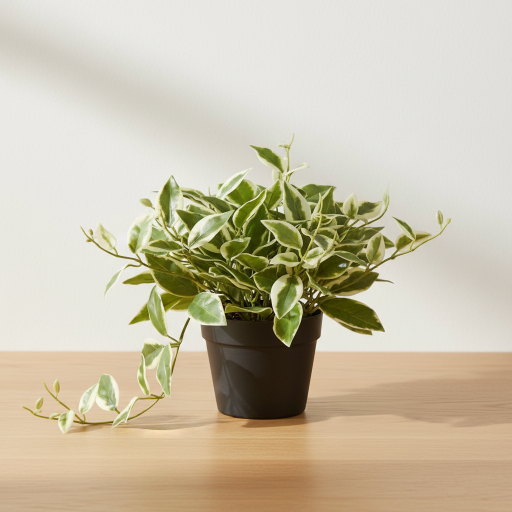 Realistic artificial Hoya Carnosa plant on oak surface with soft daylight and clean off-white background
