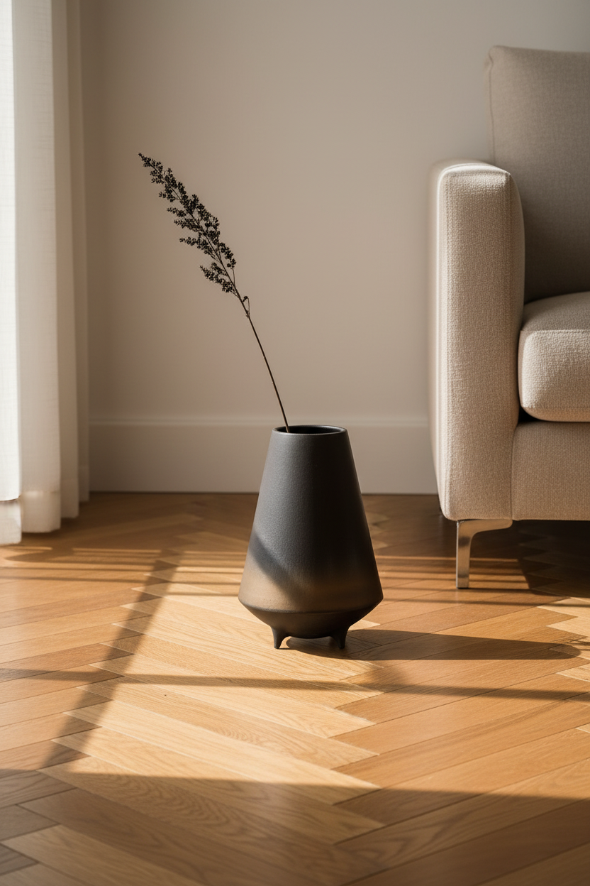 Tall bronze-to-black ceramic vase on an oak floor beside a linen sofa with a dried botanical stem