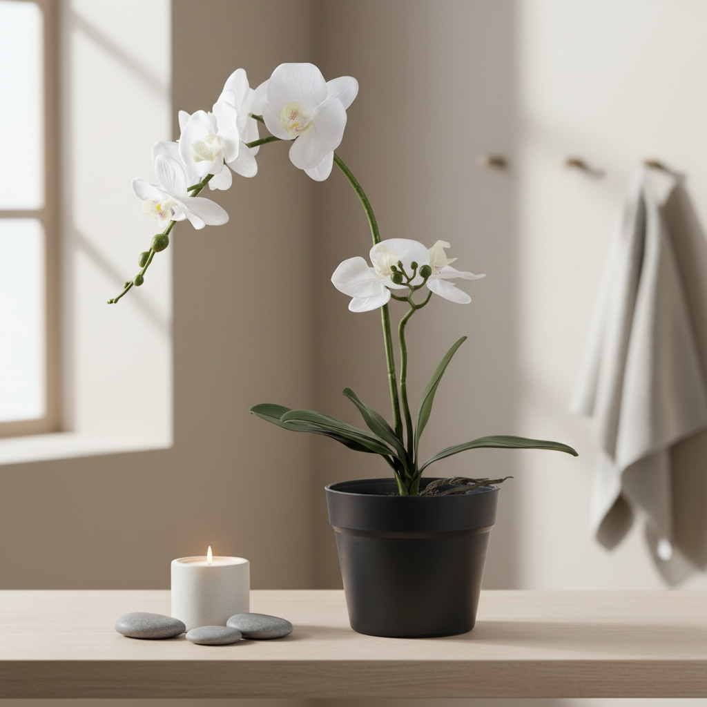 Realistic artificial white orchid plant on a bedroom dresser in a calm Nordic interior with candle and pebble