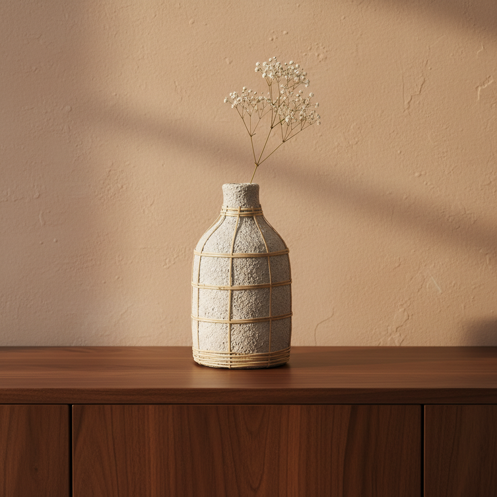 Whoopy Concrete Rattan Vase L op walnoot dressoir met gypsophila