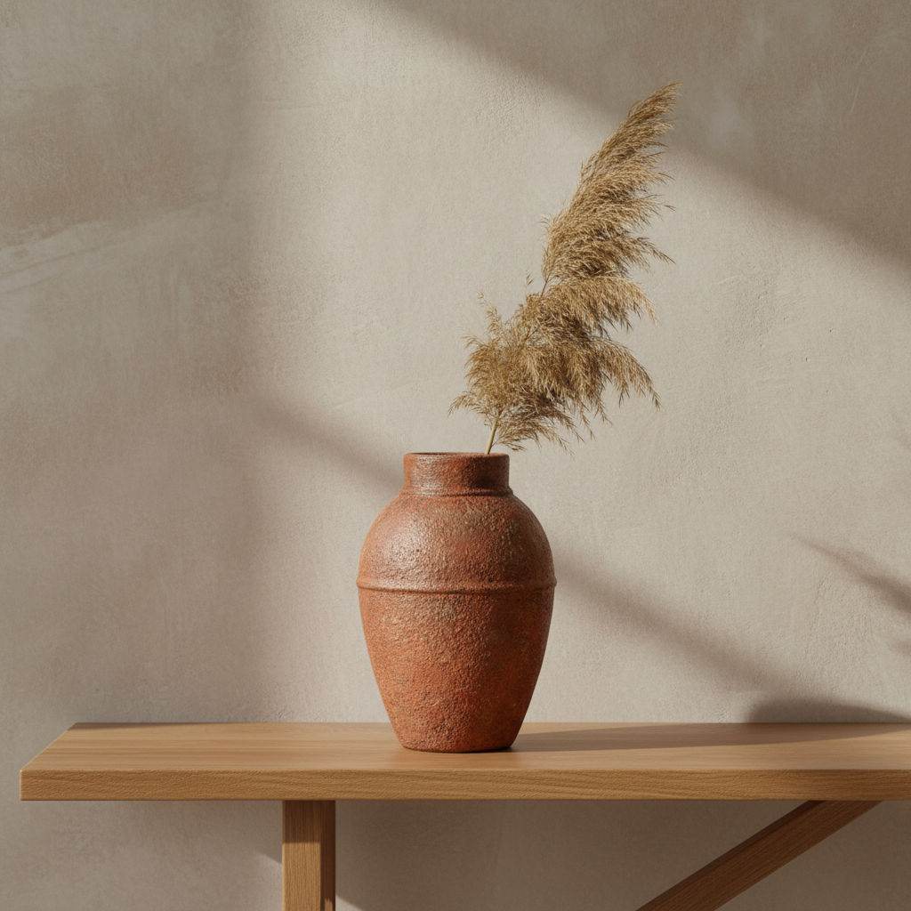 Amphora Rustica Terracotta Vase L op eiken console met pampas gras