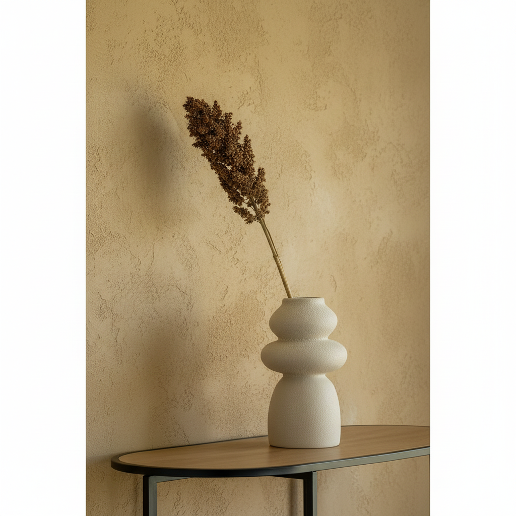 Segura beige stoneware sculptural vase on oak console, dried stem, limewash wall