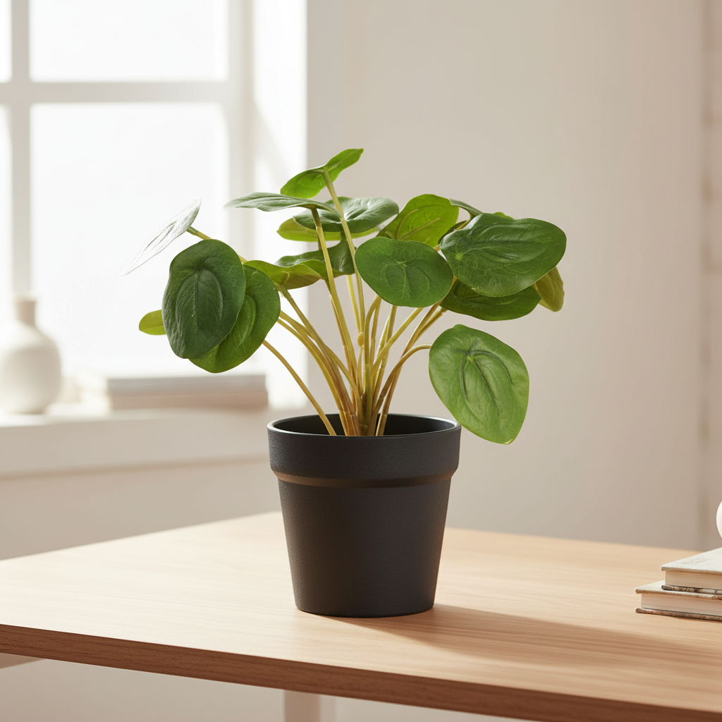 Compact realistic artificial Pilea plant on a desk in a warm Nordic interior with soft natural light