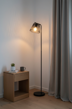 Korie black floor lamp in bedroom corner beside nightstand with linen curtain