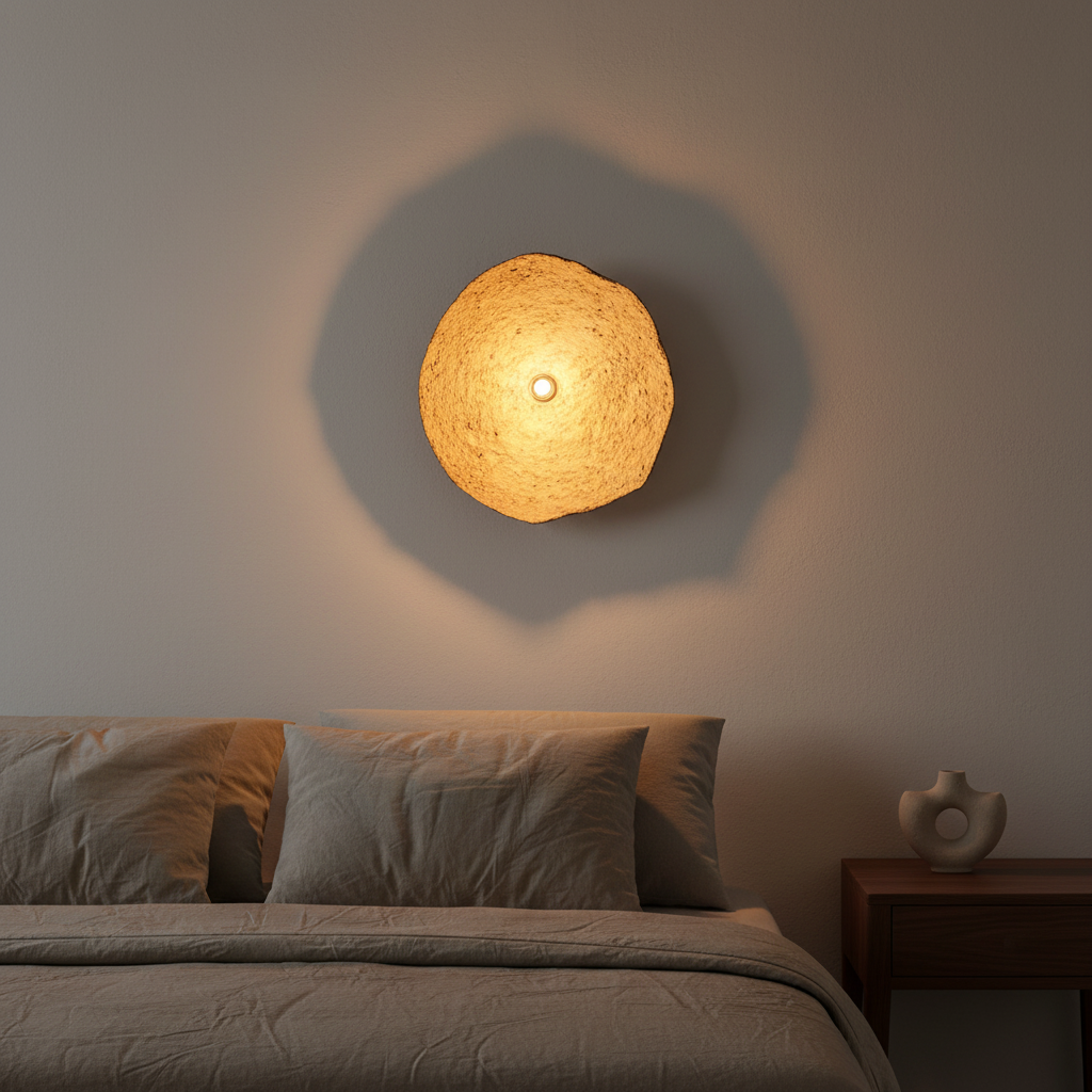 Sahara Glow Mud Wall Lamp M in slaapkamer boven linnen bed