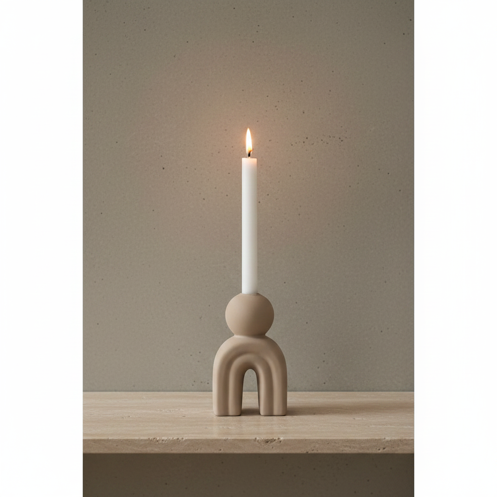 Bello stoneware candle holder on travertine shelf, concrete wall