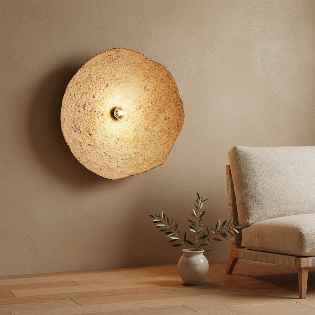 Sahara Glow Mud Wall Lamp in loungehoek naast linnen stoel