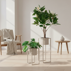 Set of two beige grey steel Marla plant stands with green plants styled in a Scandinavian living room