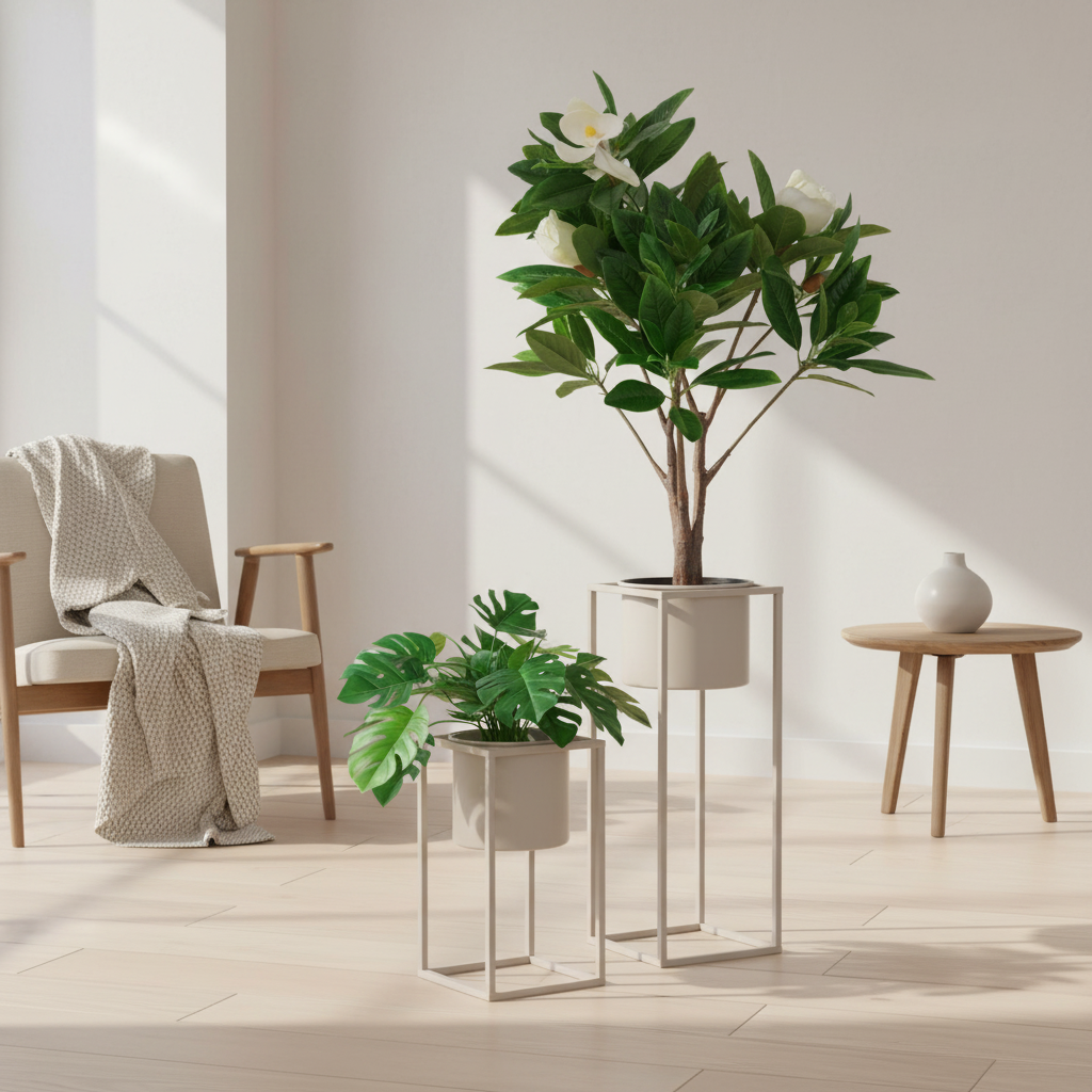 Set of two beige grey steel Marla plant stands with green plants styled in a Scandinavian living room