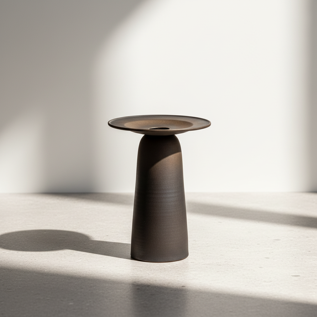 ULFUR ceramic vase with conical base and flat disc top in bronze to black glaze on stone surface with soft daylight