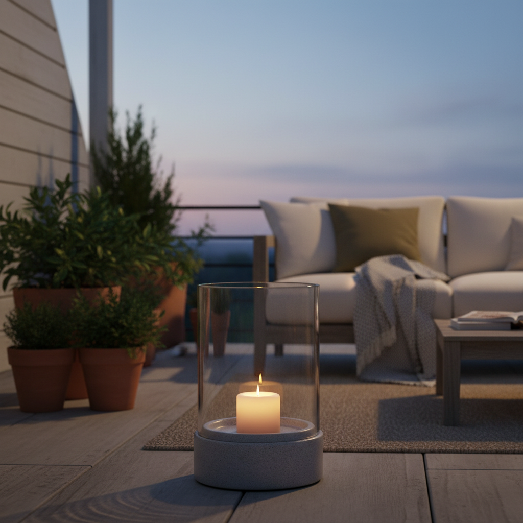 Grey ceramic glass hurricane candle holder on a sheltered terrace at dusk with warm candlelight