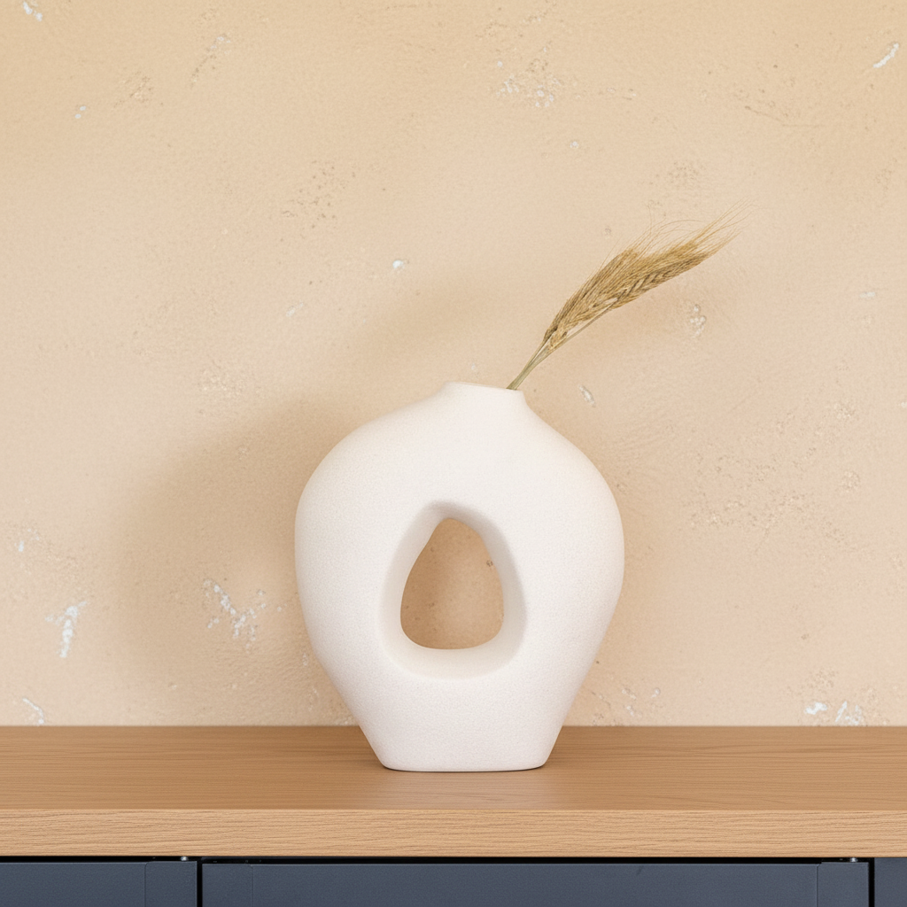 Lumira White Ceramic Sculptural Vase on oak shelf with limewash wall