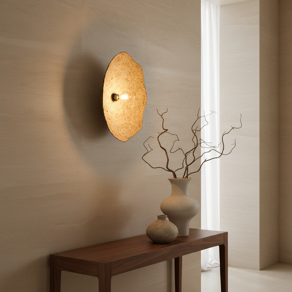 Sahara Glow Mud Wall Lamp M op travertijn muur met walnoot console