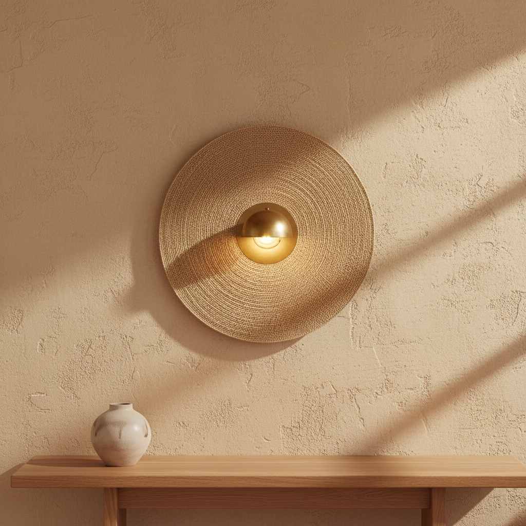 Let's Groove Woven Grass Wall Lamp op limewash muur, Japandi interieur