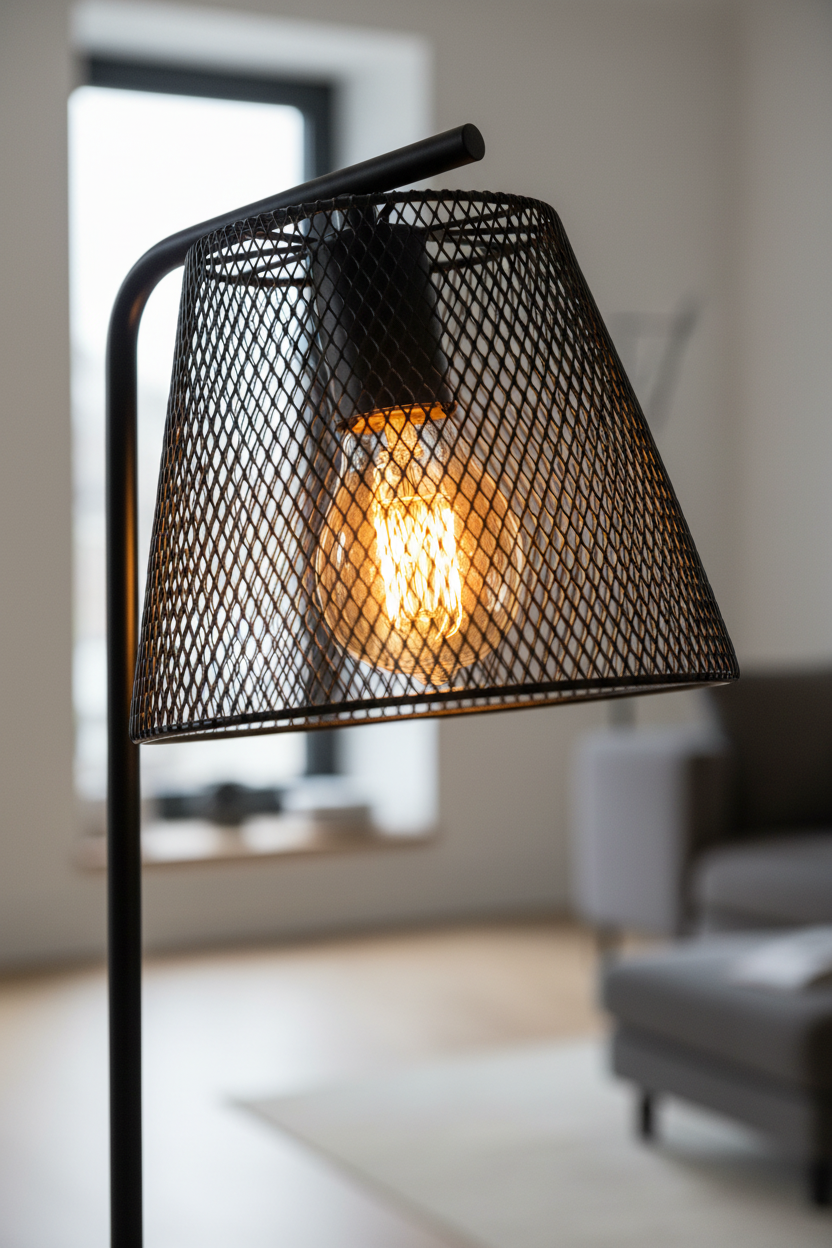 Close-up of Korie black wire mesh shade with warm filament bulb glowing through