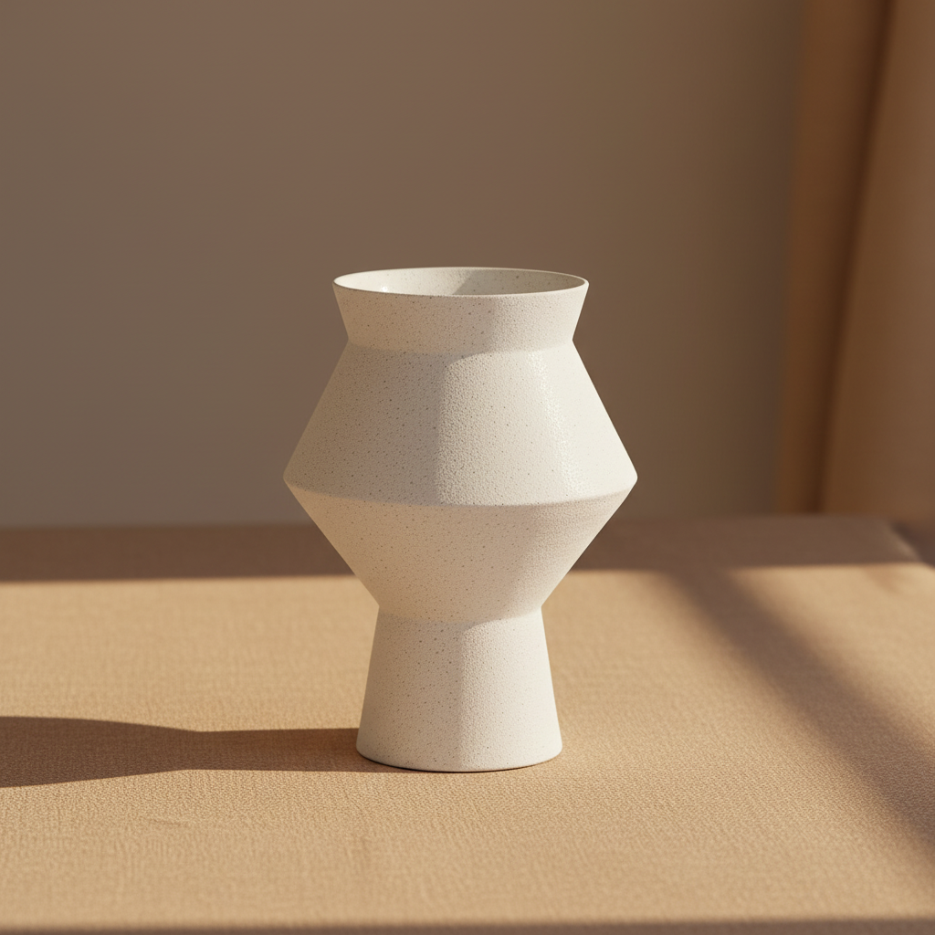 Close-up of the matte white speckled surface of the Cuzco ceramic vase on a sand linen surface