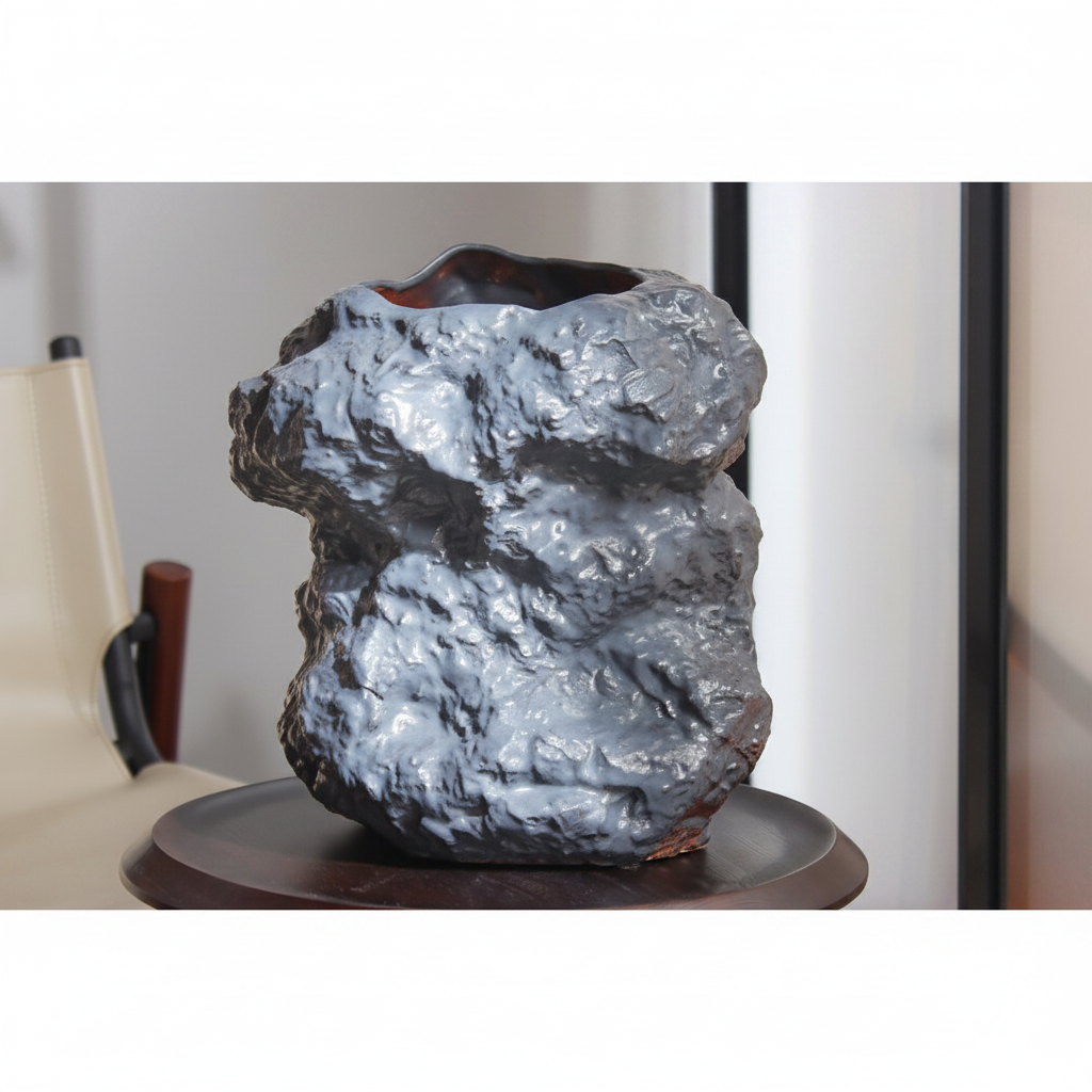 Close-up of black ceramic vase surface texture mimicking natural rock with warm ambient light